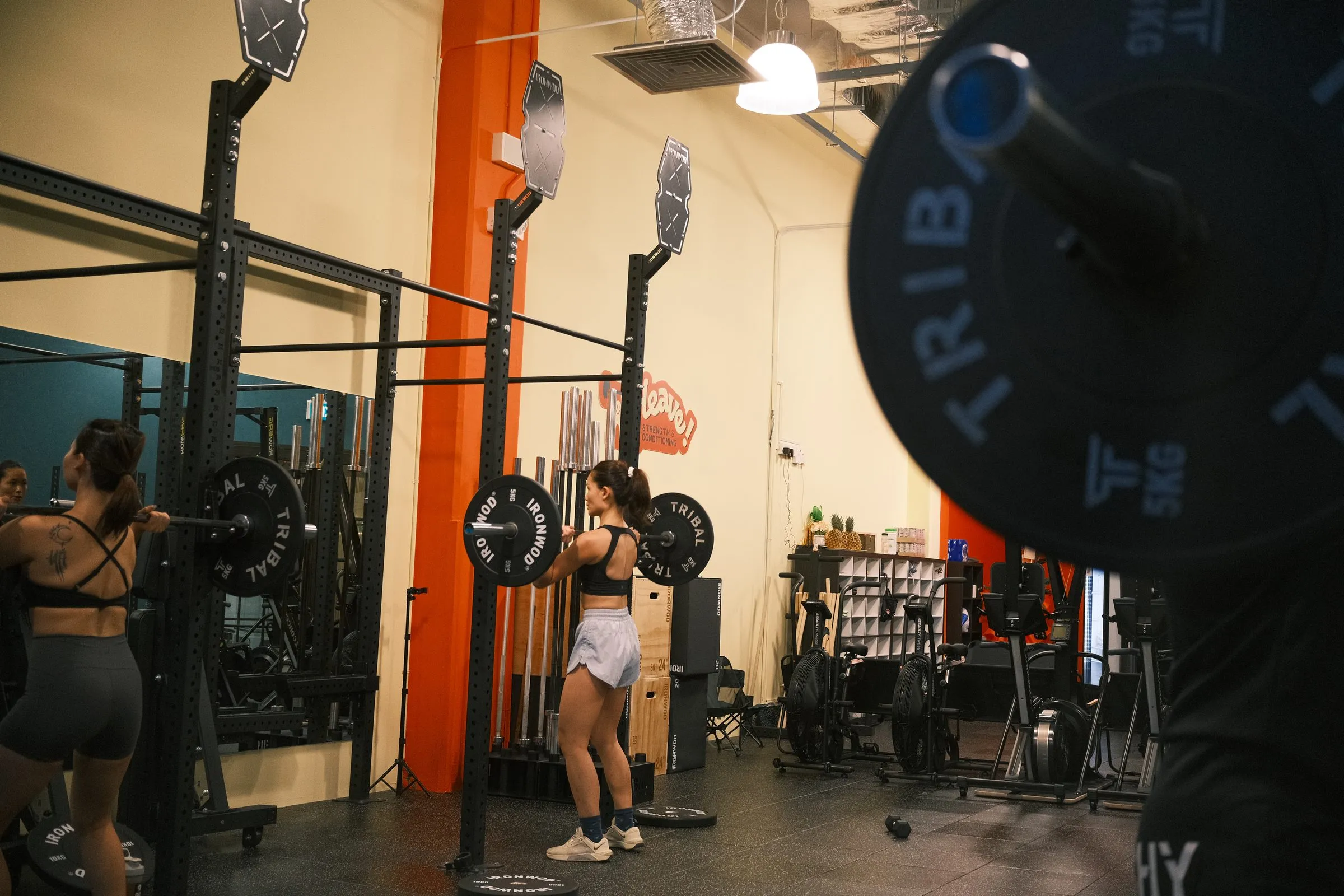 A member front squatting, framed by a bumper plate in the foreground.